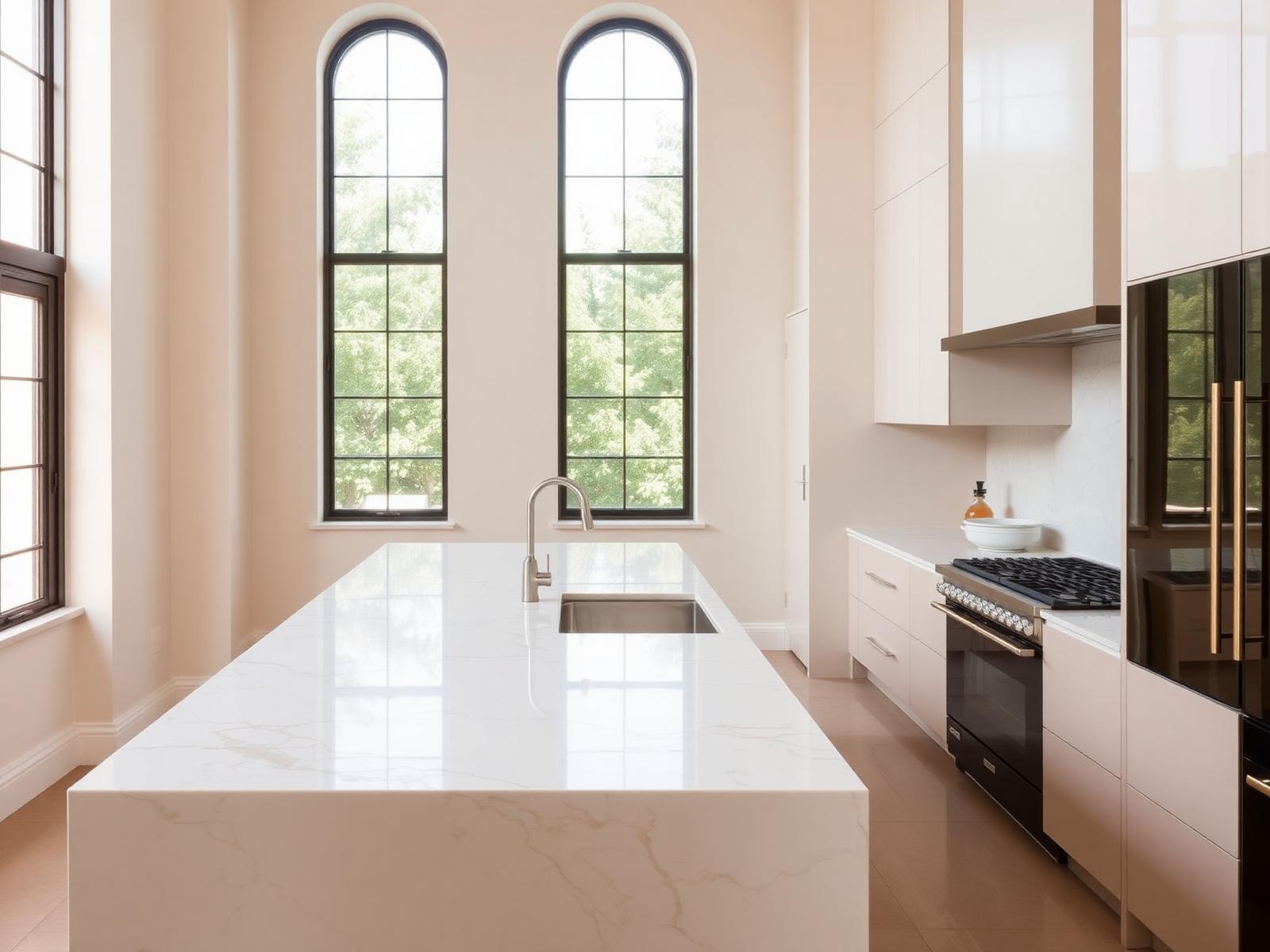 Calacatta marble waterfall island in a bright architectural kitchen